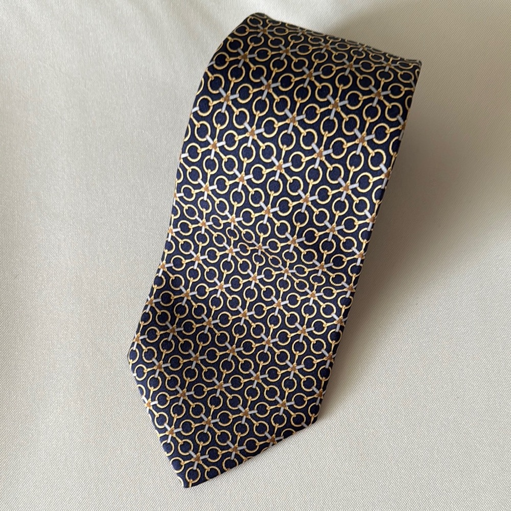 Hermes blue and Gold equestrian patterned silk Tie